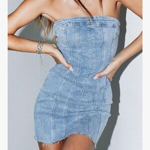 Amazon Light Blue Denim Strapless Mini Dress